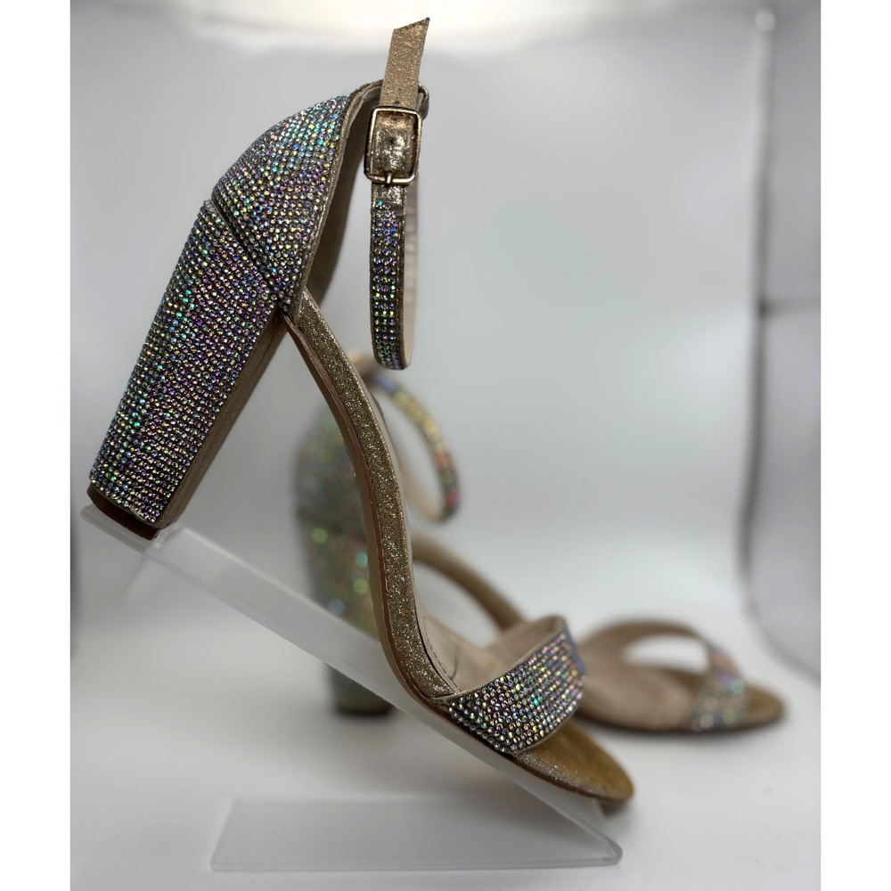 DB Studio Britt Block Heel Sandals Size‎ 9M Gold Glitter Rhinestone Ankle Strap